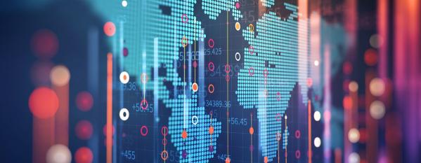 Figures and world map on screen